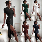 Damen Midi-Kleid mit Knopfdetail und seitlichem Schlitz R&B