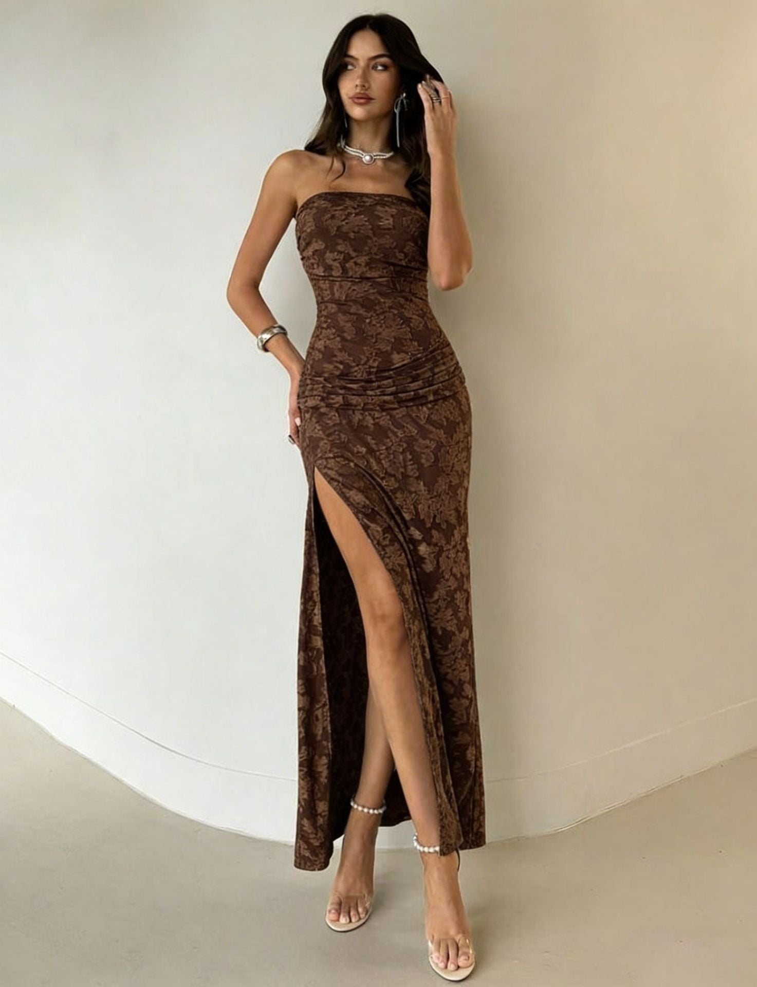 Damen Elegantes Maxikleid mit floralem Design und hoher Teilung R&B