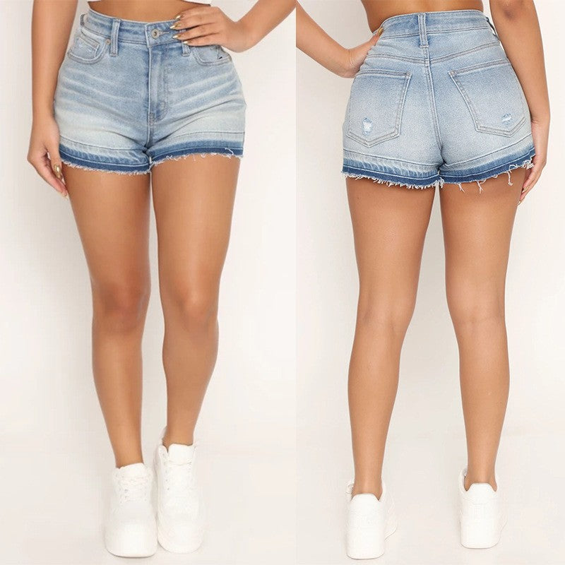 Damen Denim-Shorts mit fransigem Saum und hohem Bund R&B