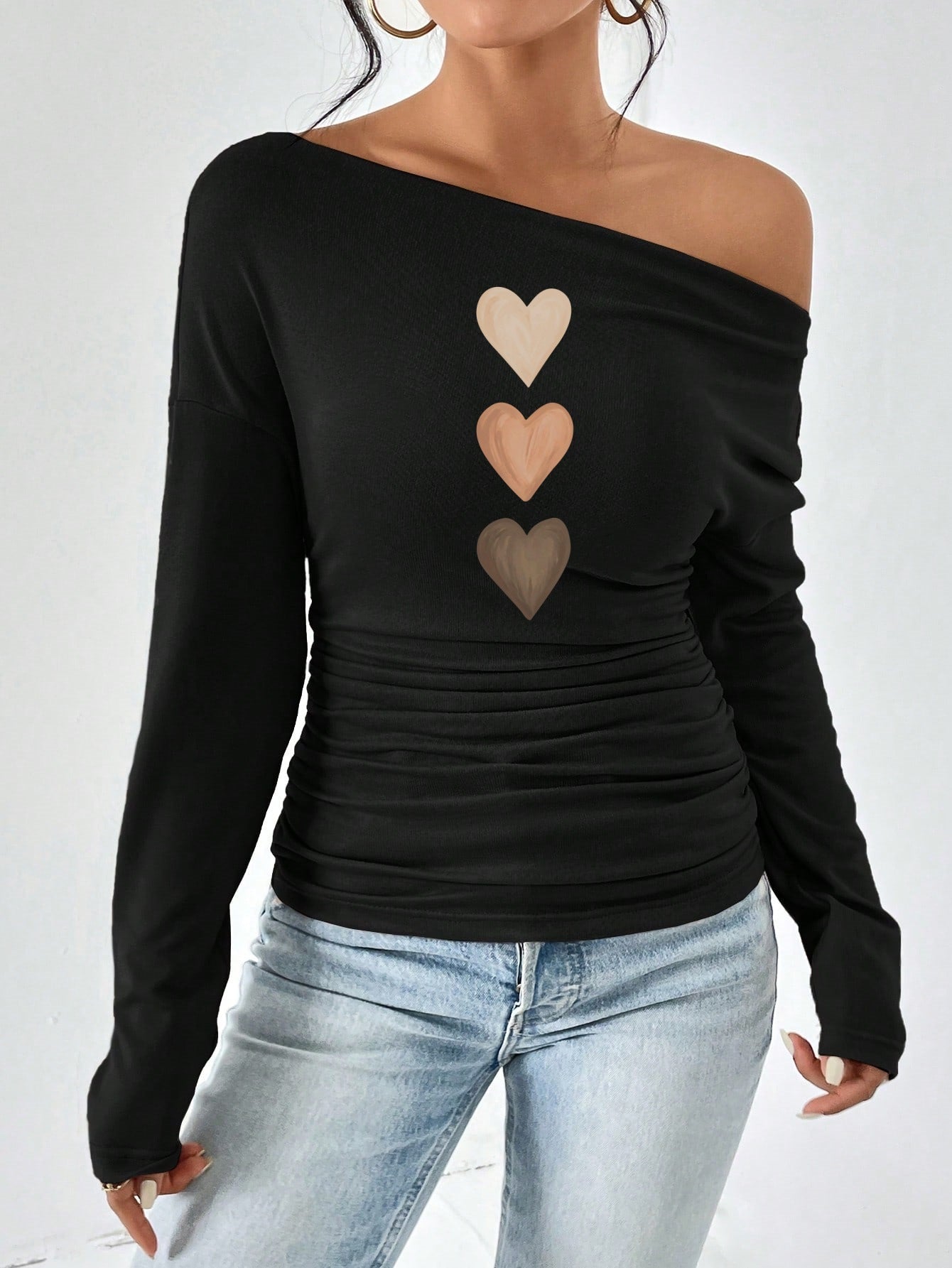 Damen Off-Shoulder Langarmshirt mit Raffung R&B
