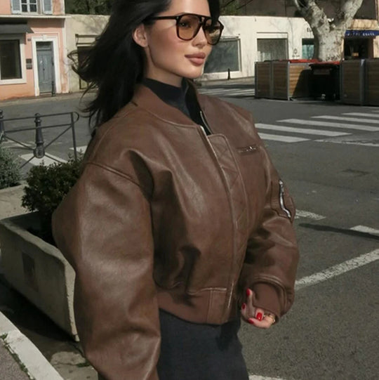 Damen modische Kunstleder Bomberjacke R&B