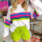 Damen Lässiges Oversized-Sweatshirt mit Bunten Streifen und Tieferem Rundhalsausschnitt R&B