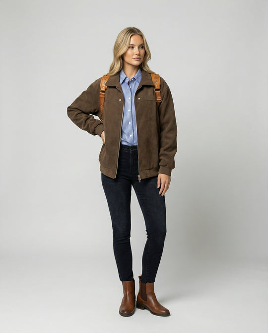 Japanische Vintage Baseball Jacke Damen Braun Suede Herbst Übergangsjacke