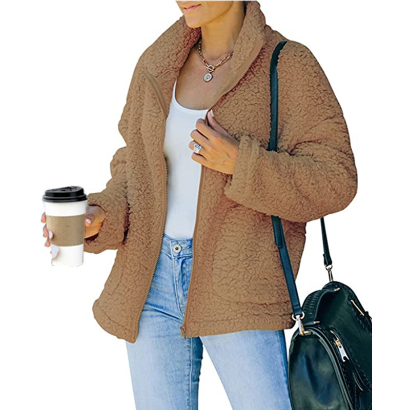Damen kuschelige Fleecejacke mit Oversized-Schnitt und tiefem Kragen R&B