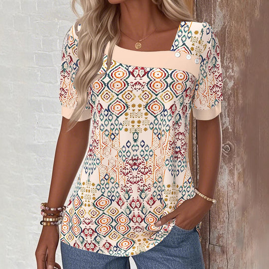 Damen nan leichtes Boho-Blusenshirt mit quadratischem Ausschnitt, Zierknopfleiste und geschwungenem Saum R&B