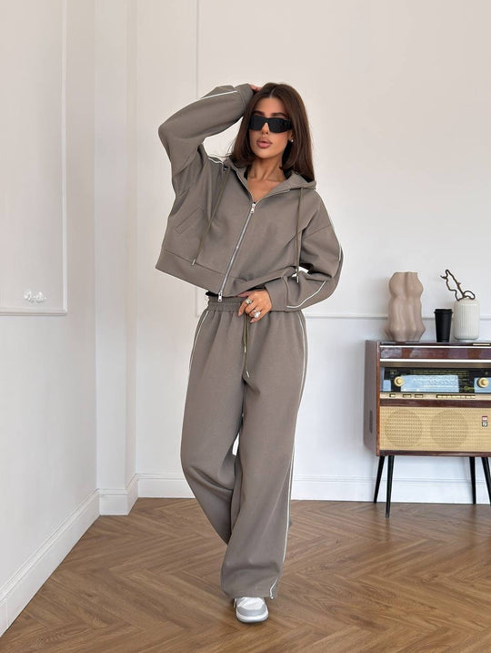 Damen sportliches Freizeit-Set aus trendigem Hoodie und weitem Stoffhose R&B