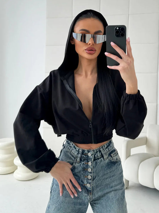 Damen lässiger Cropped Hoodie mit praktischem Reißverschluss und elastischem Bund R&B