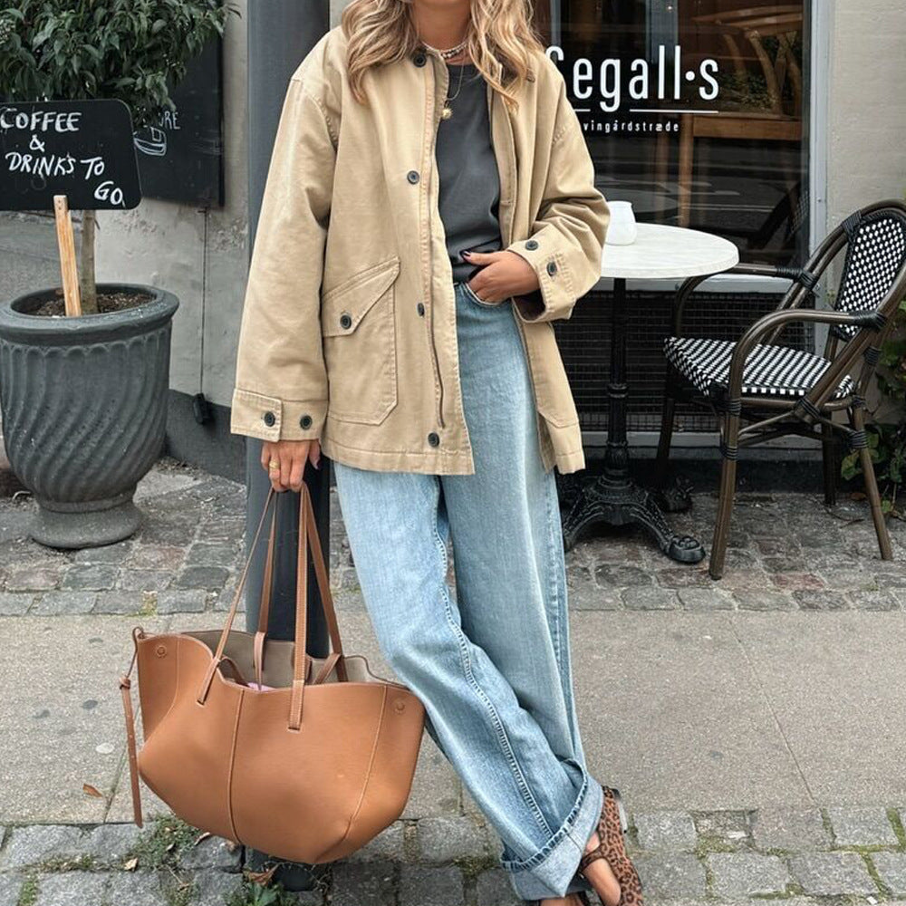 Damen Übergangsjacke mit kordelblauem Kragen und praktischen Taschen R&B