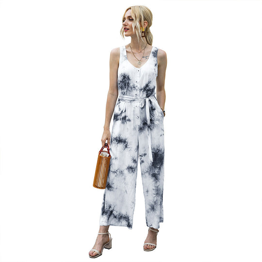 Damen lässiger Jumpsuit mit modischem Bindegürtel und Knopfleiste R&B