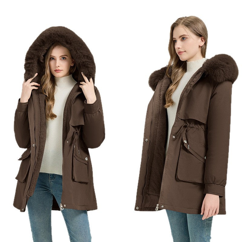 Damen Modische Pufferjacke mit abnehmbarem Kunstpelzkragen und funktionalen Taschen R&B