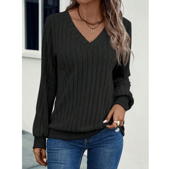 Damen Strickpullover mit V-Ausschnitt und dekorativen Rippdetails R&B