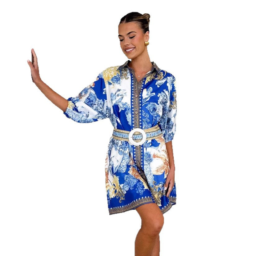 Damen Blusenkleid mit floralem Muster und Taillengürtel EB