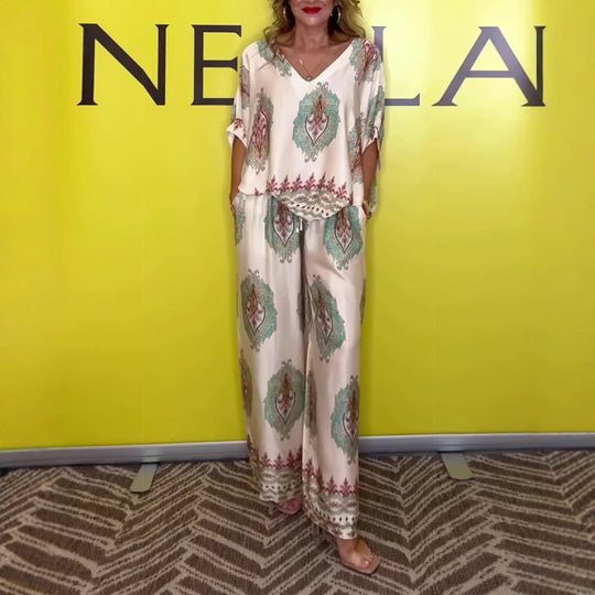 Damen Lounge-Hose mit elegantem Oversized-Oberteil und kunstvollem Muster Heidi-Mode