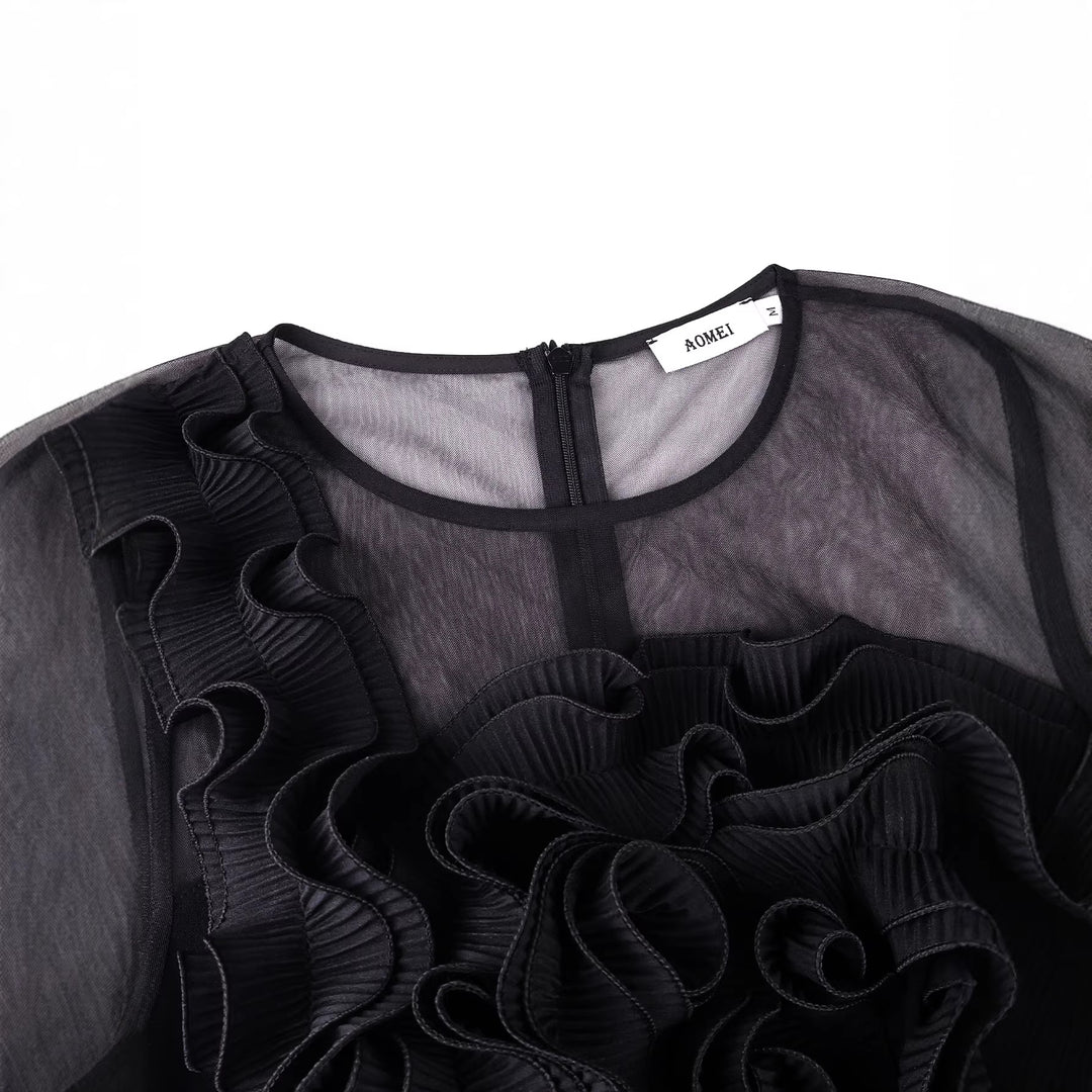 Damen elegantes Cocktailkleid mit voluminösen Rüschendetails und Fransen R&B