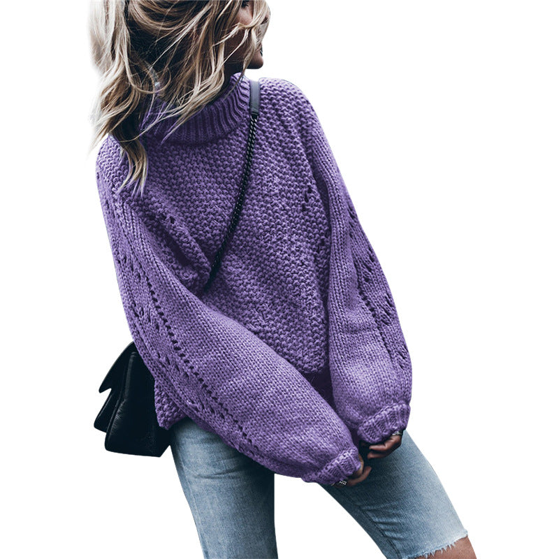 Damen Grobstrickpullover mit weitem Schnitt und modischem Rollkragen R&B