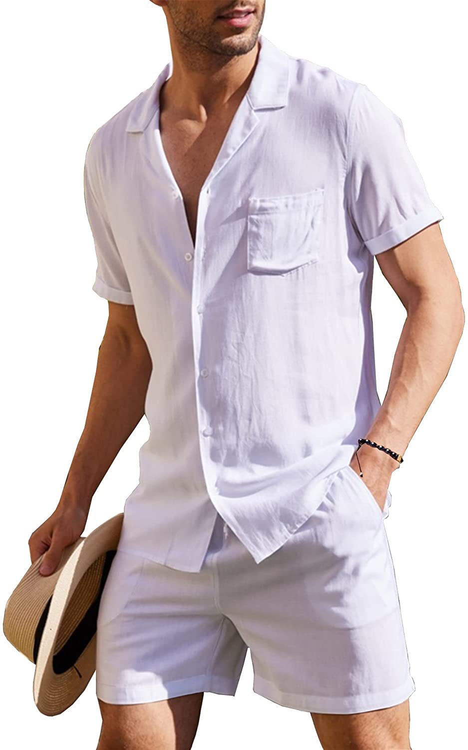 Herren nan zweiteiliges Sommer-Freizeitensemble mit offenem Revershemd und elastischer Kurzhose R&B