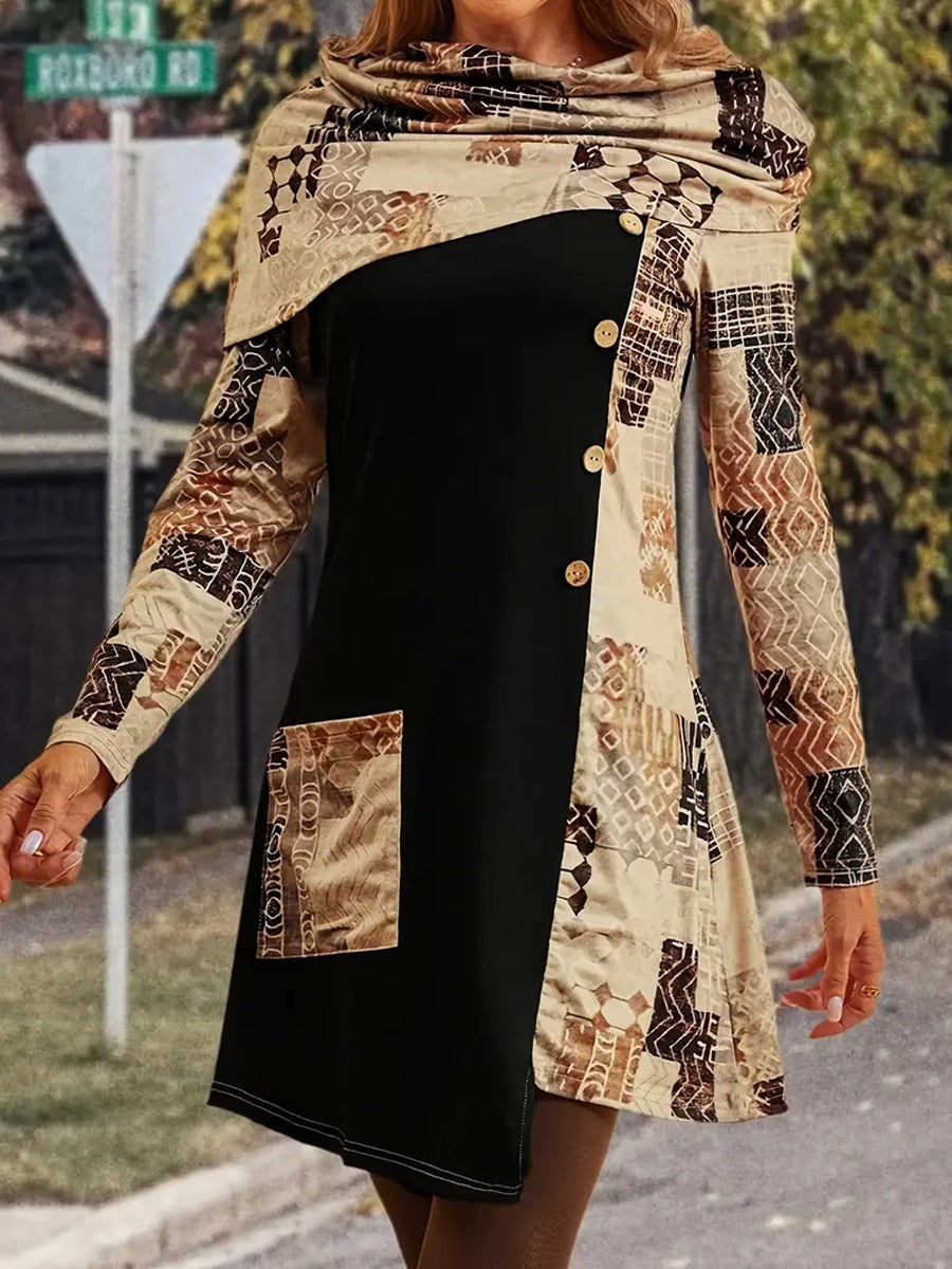 Damen modisches Tunika-Kleid mit kunstvollem Patchwork-Design und Knopfdetails R&B