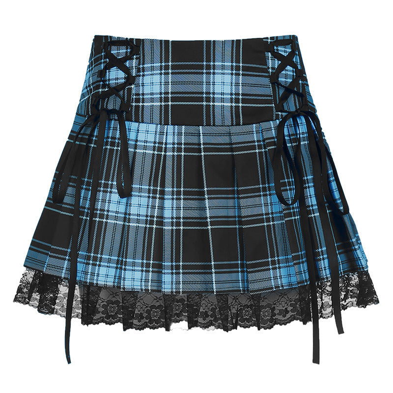 Damen karierter Minirock mit Spitzenabschluss und Schnürdetails R&B