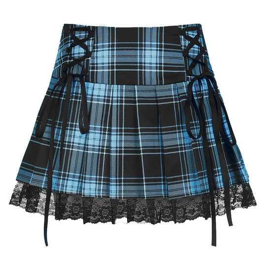 Damen karierter Minirock mit Spitzenabschluss und Schnürdetails R&B