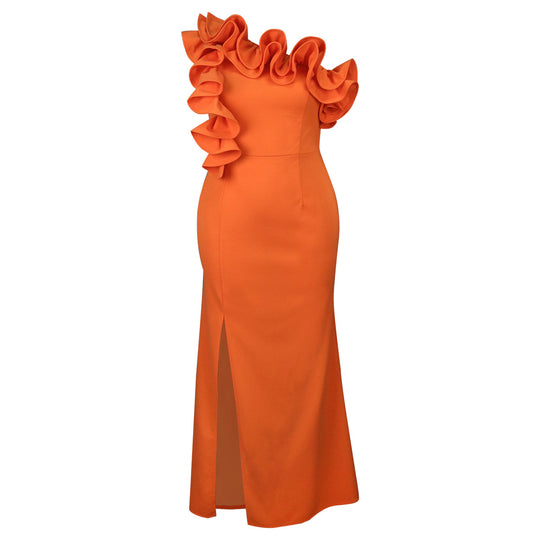 Damen Elegantes Maxikleid mit asymmetrischem Rüschenakzent und sexy Schlitz R&B