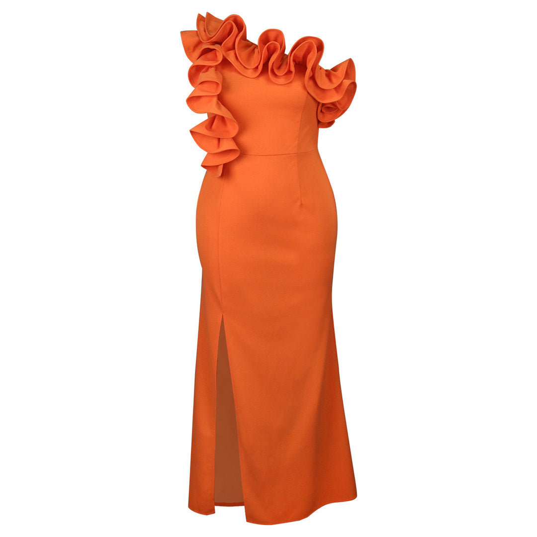 Damen Elegantes Maxikleid mit asymmetrischen Rüschen und Schlitz R&B