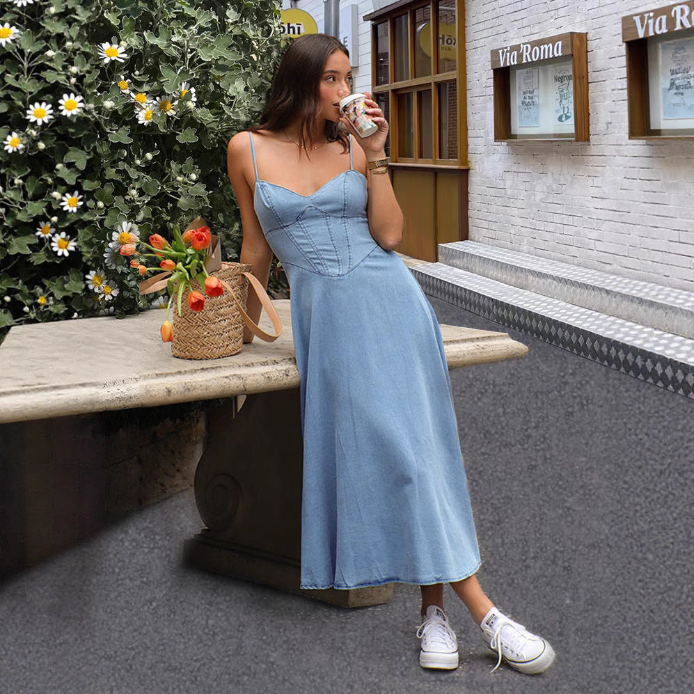 Damen Midikleid mit süßem Herzen-Ausschnitt und verstellbaren Trägern R&B