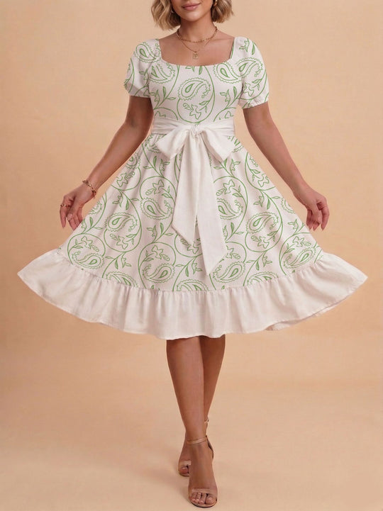 Damen Retro Maxikleid mit Puffärmeln und Taillengürtel R&B