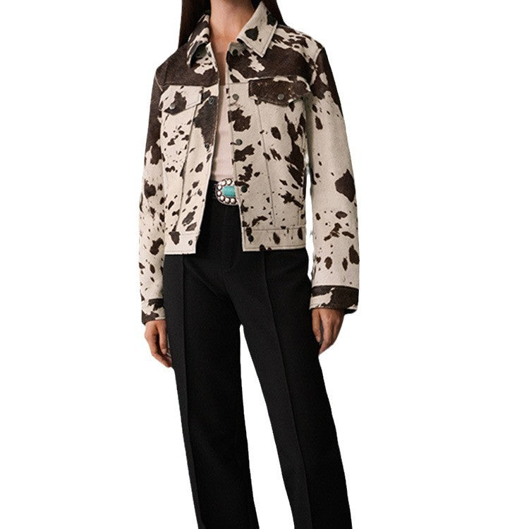 Damen Denim-Jacke im lässigen Cow-Print mit strukturierten Akzenten R&B