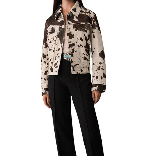 Damen Denim-Jacke im lässigen Cow-Print mit strukturierten Akzenten R&B