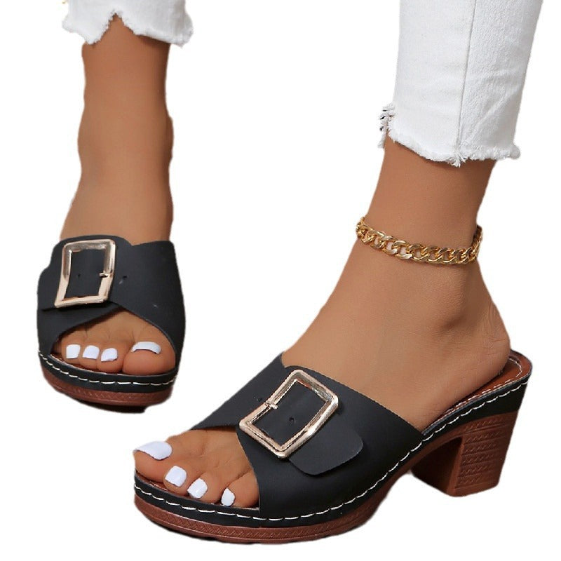 Damen elegante Riemchen-Pantoletten mit modischem Schnallen-Design R&B