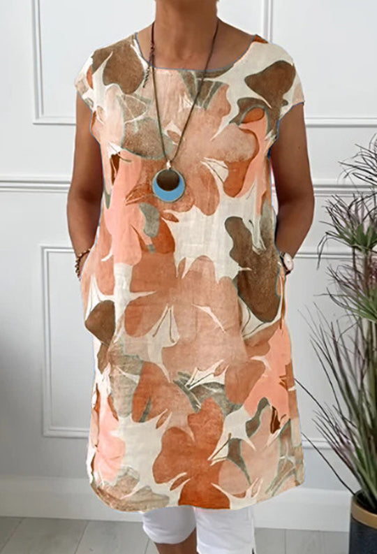 Damen nan luftiges Tunika-Midikleid aus Leinenmix mit Aquarellblütenprint und Seitentaschen R&B