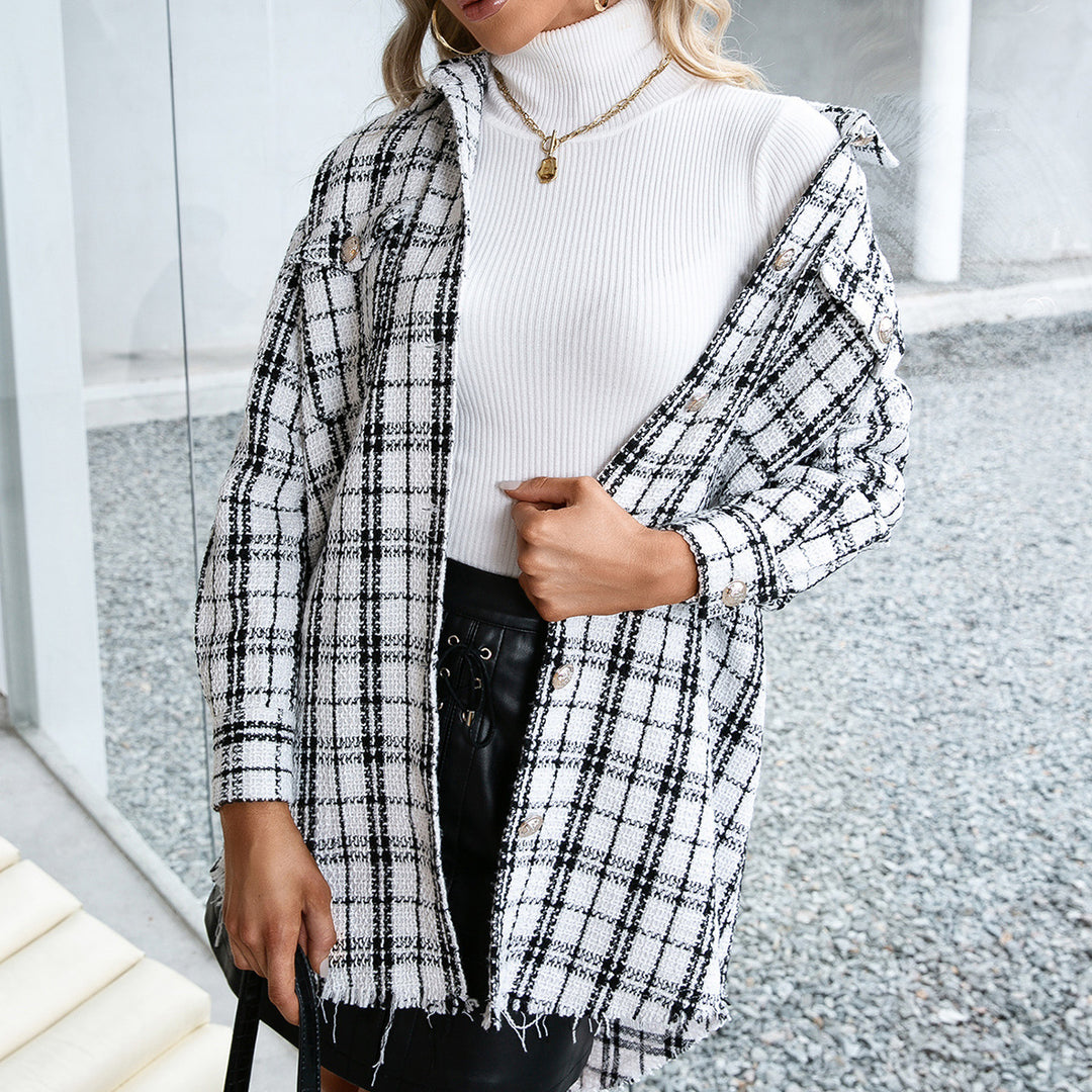 Damen Karierte Overshirtjacke mit lässigem Schnitt und Fransen R&B