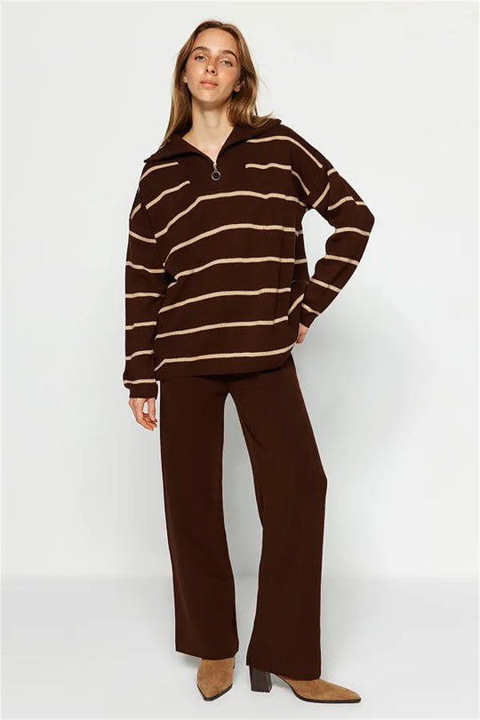 Damen lässiger Strickpullover mit halbem Reißverschluss und weitem Schnitt R&B
