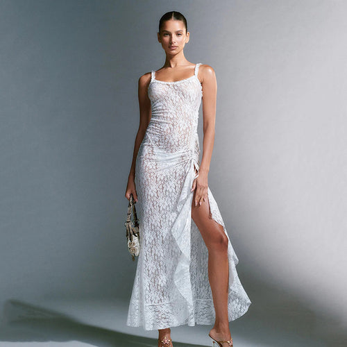 Damen elegantes Spitzen-Maxikleid mit hohem Schlitz und feinen Trägern R&B