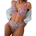 Damen Blumenmuster Bikini mit tiefem V-Ausschnitt und hohem Bund R&B