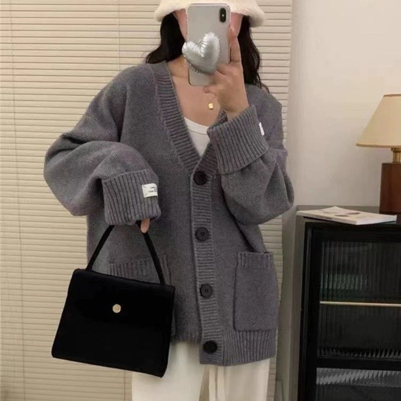 Damen Grob gestrickter Cardigan mit großen Taschen und tiefem V-Ausschnitt R&B