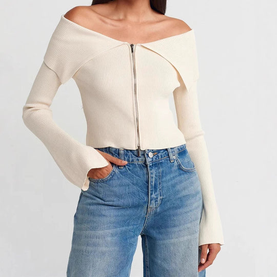Damen cropped Oberteil mit weitem Ausschnitt und Reißverschluss R&B