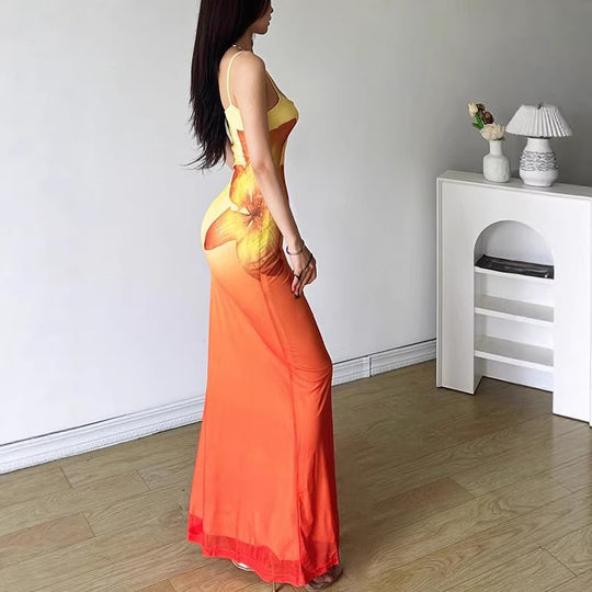Damen figurbetontes Abendkleid mit Spaghettiträgern und Farbverlauf R&B