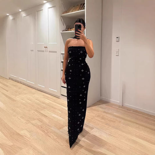 Damen Couture Maxikleid mit schimmernden Pailletten und strapless Design R&B