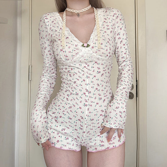 Damen Schlafbody mit zarter Spitzenverzierung und floralem Design R&B