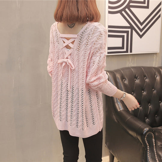 Damen Strickpullover mit Off-Shoulder-Design und Rückenschnürung R&B