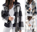 Damen kuschelige Fleecejacke mit Karomuster und hohem Kragen