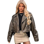 Damen cropped Kunstlederjacke mit asymmetrischem Reißverschluss und weichem Innenfutter R&B