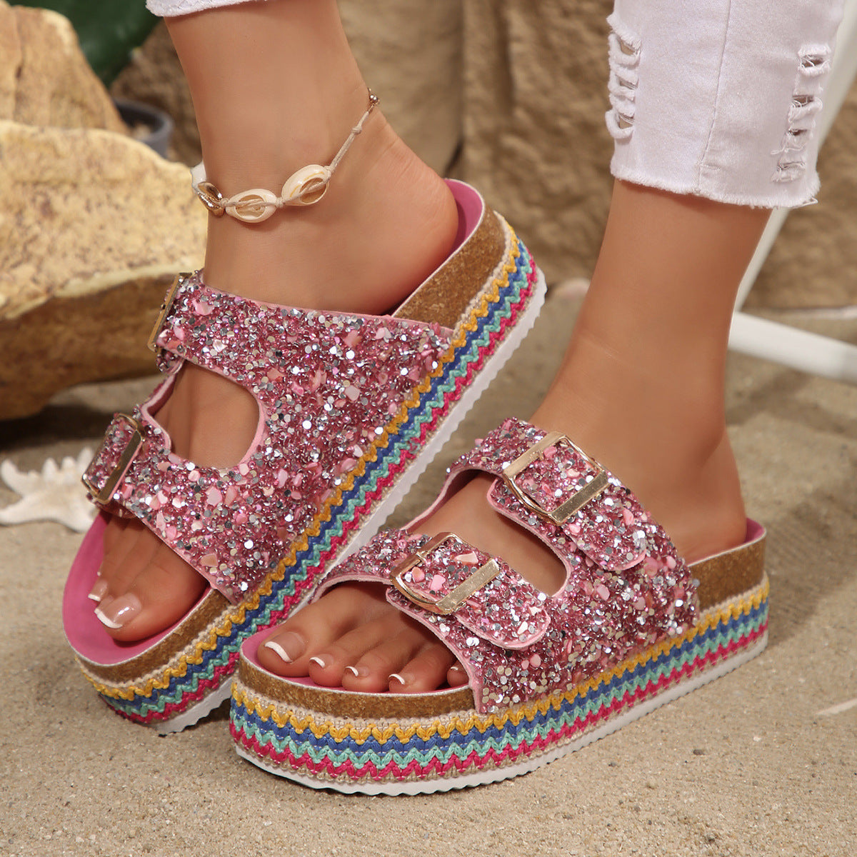 Damen Glitzernde Plateau-Sandalen mit Doppelschnalle und mehrfarbigem Boden R&B