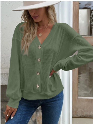 Damen Komfortabler Strickpullover mit V-Ausschnitt und Knopfleiste R&B
