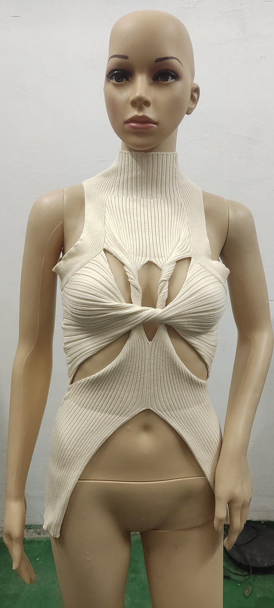 Damen figurbetontes Cut-Out Top mit hohem Kragen R&B