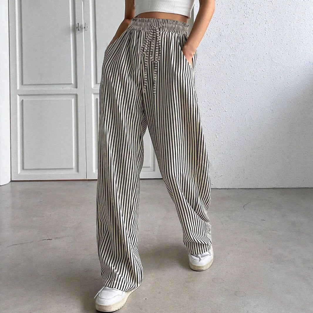 Damen weite Streifenhose mit Gummizug und Seitentaschen