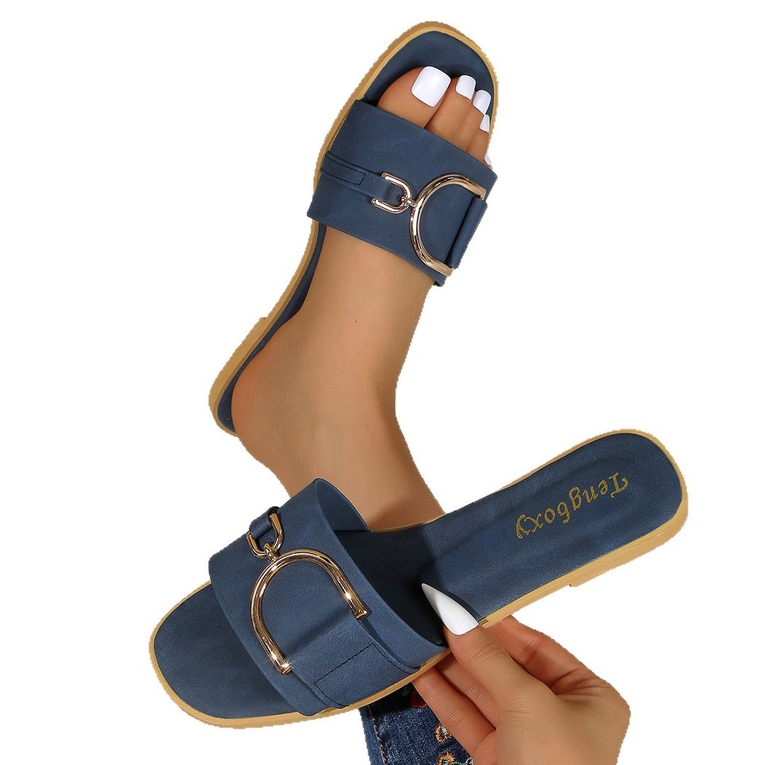 Damen elegante Slide-Pantoletten mit dekorativem Metall-Detail R&B