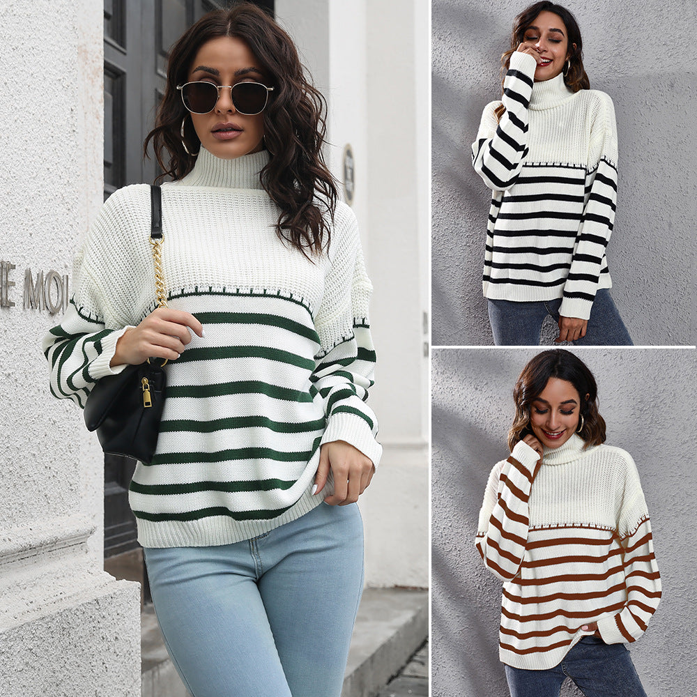 Damen Komfortabler Rollkragenpullover mit modernem Streifenmuster R&B