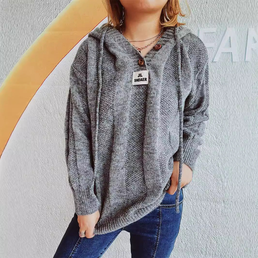 Damen lockerer Strickpullover mit Kapuze und dekorativen Knöpfen R&B